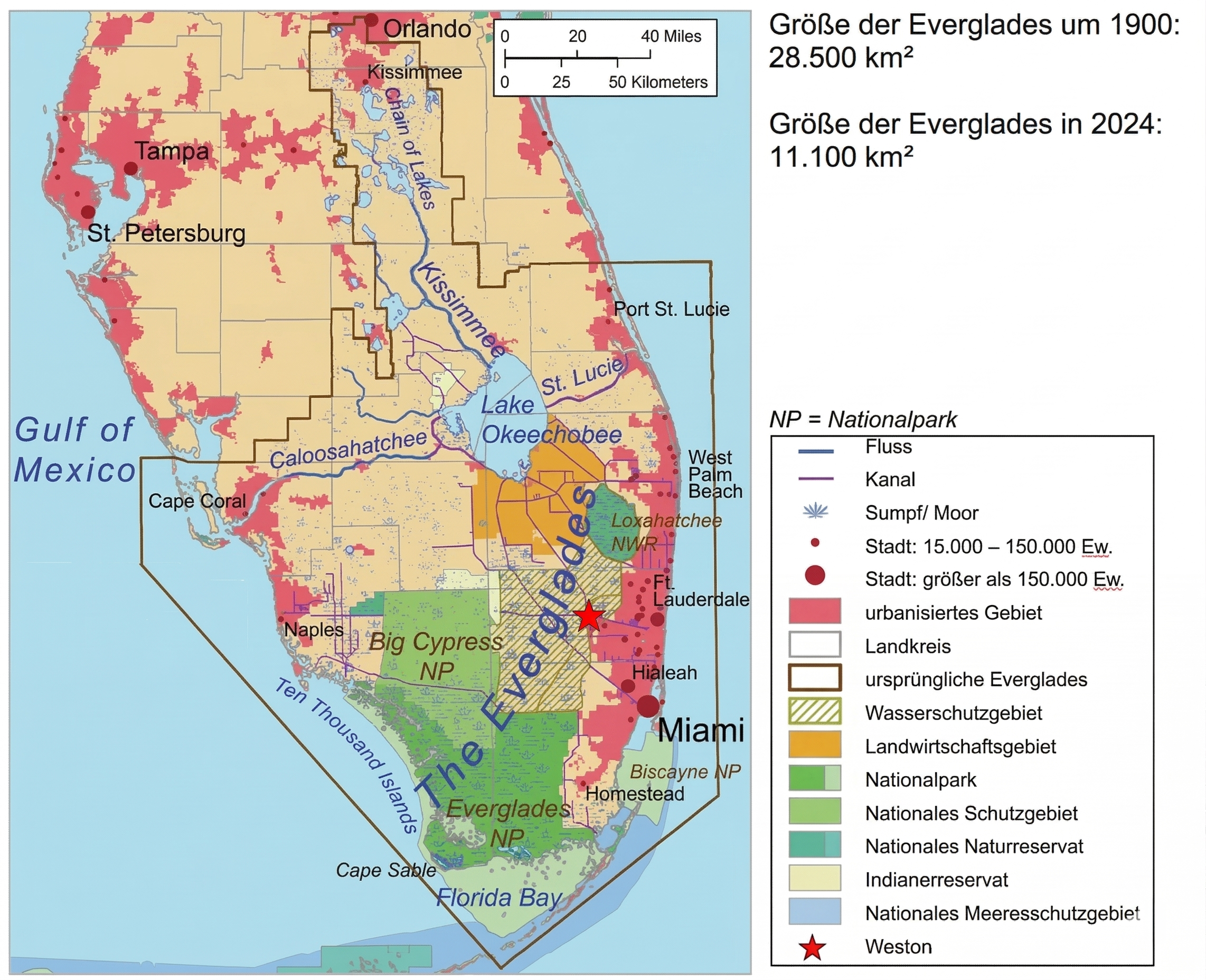 Landkarte von Süd-Florida, die den dramatischen Rückgang der Everglades zwischen 1900 (28.500 km²) und 2024 (11.100 km²) zeigt. Die Karte markiert Städte, Nationalparks, landwirtschaftliche Flächen und Wasserschutzgebiete sowie den Ort Weston mit einem roten Stern.